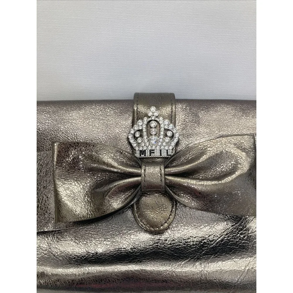 Metallic Pewter Bow Clutch with Jeweled Crown Accent